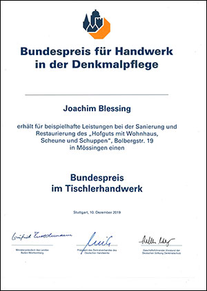 Bundespreis im Handwerk für Denkmalpflege 2019